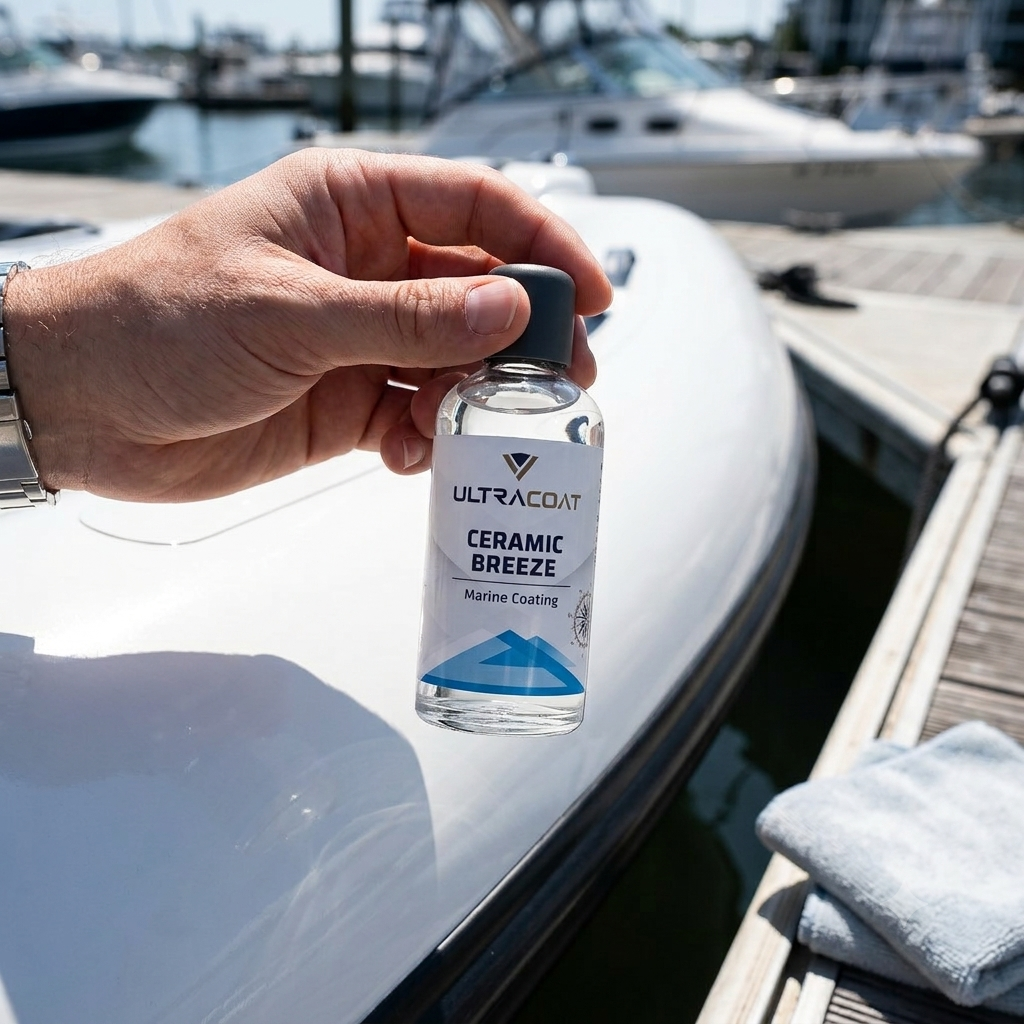 ULTRACOAT Ceramic Breeze bottle beside a boat